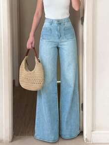 Vintage Low-Rise Flare Women's Jeans, Light Blue Washed Denim, Square Front Pockets, Casual Daily Long Pants - Blue - View 2