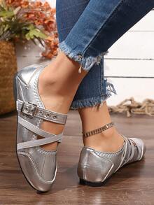 1 Pair Silver Buckle Flat Mary Jane Shoes, Fashionable Collegiate Style - Silver - View 2