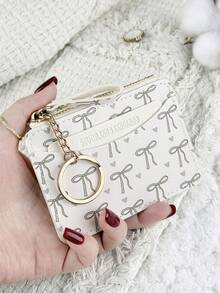 Pink Bow Print Chain Keychain Wallet Compact Purse With Zipper Multiple Card Slots Coin Cash Compartment Unisex Daily Use Travel Gifting Card Holder - Light Grey - View 2