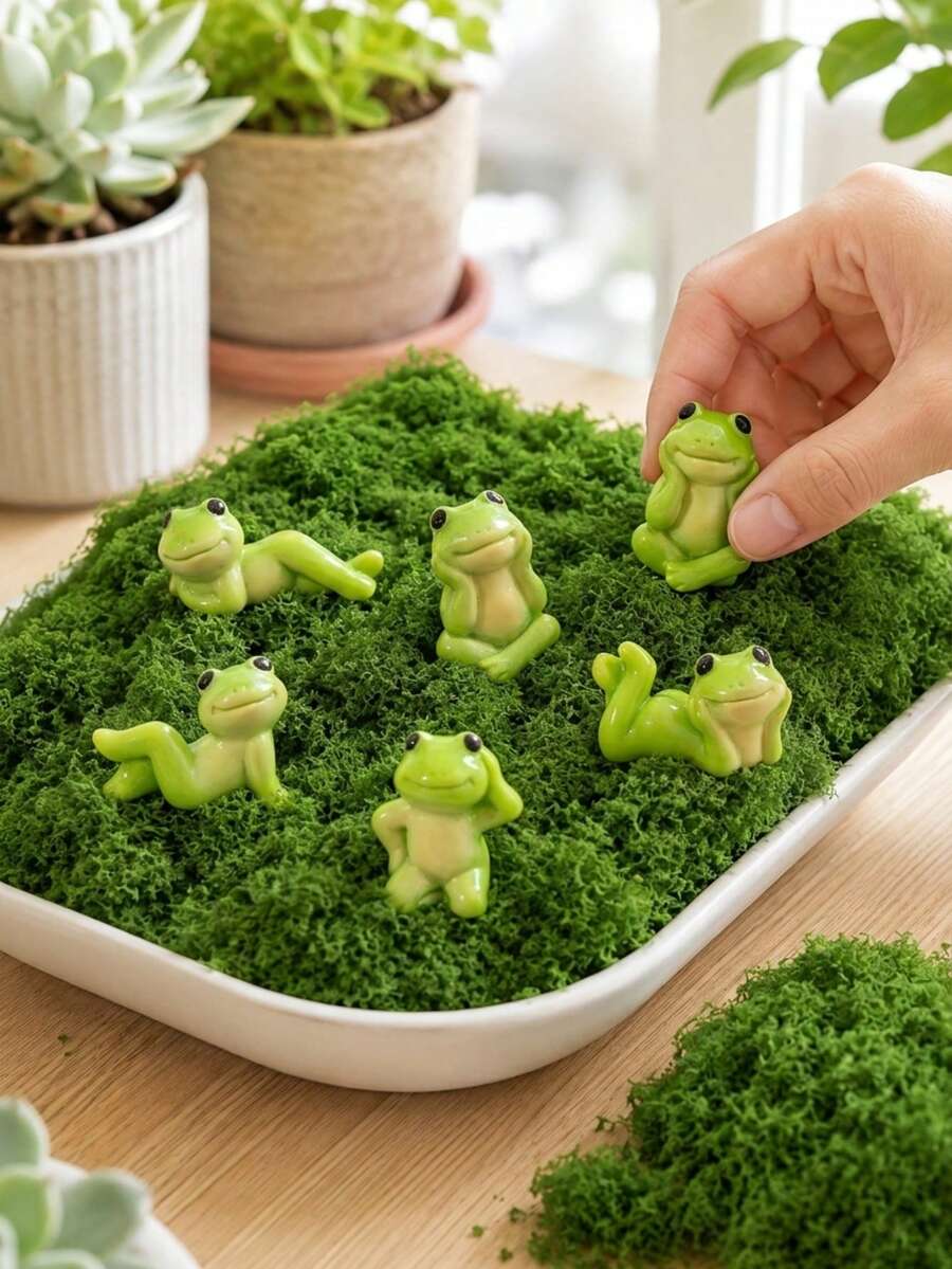 Mini Green Frog Figurine Set, Cute Multiple Poses, Suitable For Moss Terrarium, Fairy Garden, Succulent Planter And DIY Miniature Landscape Decoration, Glossy Miniature Decor, Suitable For Home Desktop Display, Halloween, Thanksgiving, Christmas And Easter Decoration - Green Plant Set - View 1