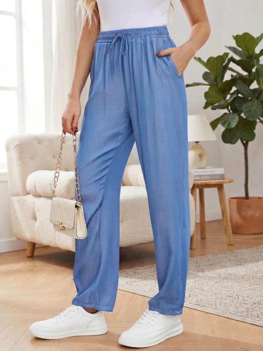 Jestfashion 蓝色修身休闲裤，弹性腰带，抽绳设计，带口袋，优质面料，适合春夏穿着。 - 藍色 - 查看 1