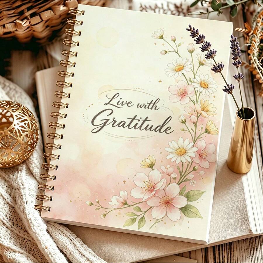 DANPERJI 1pc A5 Spiral Notebook, Watercolor Blossom Gratitude Quote Printed Cover, Writing Journal Planner, Elegant Neutral Pastel Style, For Daily Reflection Work Study, Mental Wellness Log, Memories Keeping Notepad - Gratitude - View 1