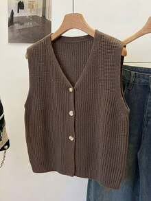 Women's V-Neck Knit Vest, Simple Versatile Daily Wear, Spring Summer Autumn Fashion Item, Button Front Open Sleeveless Cardigan Knit Top Fall - Brown - View 5