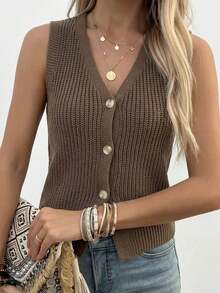 Women's V-Neck Knit Vest, Simple Versatile Daily Wear, Spring Summer Autumn Fashion Item, Button Front Open Sleeveless Cardigan Knit Top Fall - Brown - View 3