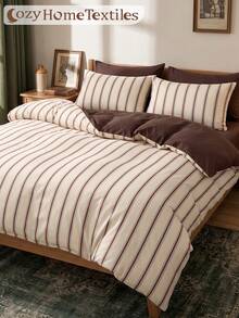 2/3pcs Brown Striped Print Duvet Cover Set, Bedding Set, Comfortable & Breathable, Lightweight, Anti-Pilling/Machine Washable, Room Decor, Bedroom Decor, Dorm Bedding, Suitable For All Seasons, Fits Single/Double/Queen/King Size Bed, Autumn Home Decor, No Filling, Home Decor - Multicolor - View 8