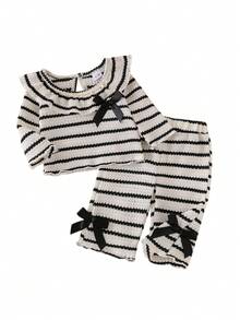 Baby Girl Black & White Striped Knit 2-Piece Set, Oversized Ruffle Collar Pullover Top + Bow Casual Long Pants Outfit - Black - View 4