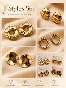 Women's Gold Stainless Steel Earring Set, Geometric Hoop Earrings And Studs, Vintage Personalized Jewelry, Suitable For Daily Wear And Parties - Gold - View 1