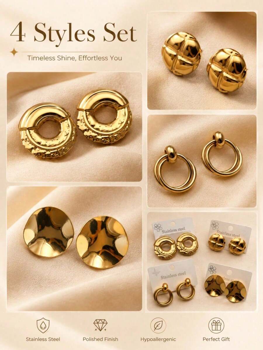 Women's Gold Stainless Steel Earring Set, Geometric Hoop Earrings And Studs, Vintage Personalized Jewelry, Suitable For Daily Wear And Parties - Gold - View 1