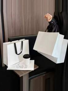 1/5pcs White Minimalist Paper Gift Bags With Black Satin Ribbon Handles, Suitable For Clothing Store Gift Packaging, Wedding Party, Birthday Gift, Holiday Gift Storage, Cosmetics, Multi-Purpose Shopping Packaging Bags - Multicolor - View 3