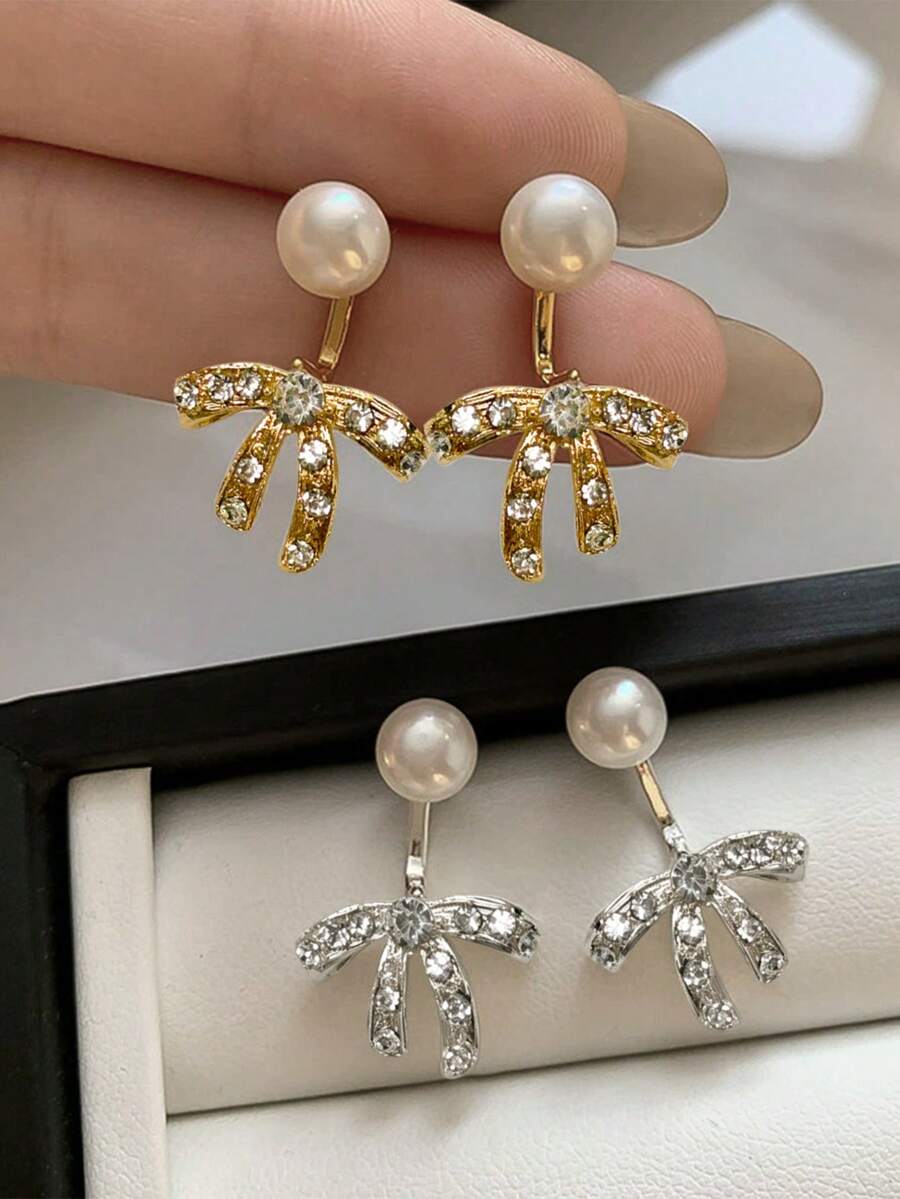 Pendientes de botón con diseño de lazo dulce vintage y perlas falsas, elegantes pendientes de estilo francés para mujeres - pendientes - Ver 1