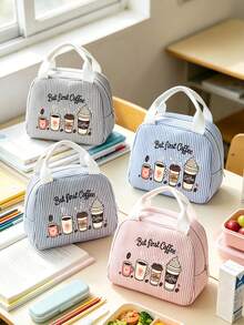 Striped Lunch Bag Featuring Coffee-Themed Patterns And Lettering.Reusable Insulated Lunch Box, Large Capacity Thermal Bag, Comes With Black Utensil Storage Bag, Snack Storage Bag, Multi-Functional Travel Storage Bag, Makeup Bag, Toiletry Bag, Suitable For School, Commute, Dorm, Picnic, Vacation, Birthday Gift, Halloween Christmas Gift - Multicolor - View 8