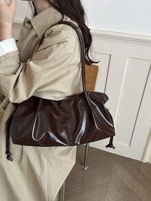 Cross-Border Korean Style Commuter Fashion New Large Capacity Pleated Drawstring Casual Minimalist Chic Shoulder Tote Bag - Coffee - View 2