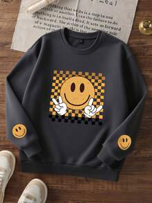 Boys Smile Face Checkerboard Graphic Crew Neck Sweatshirt, Casual Loose Pullover - Dark Grey - View 3