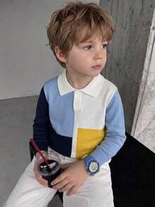 Boys' College Style Colorblock Plaid Collar Thin Knit Sweater, Suitable For School Daily Casual Wear In Autumn - Blue - View 1