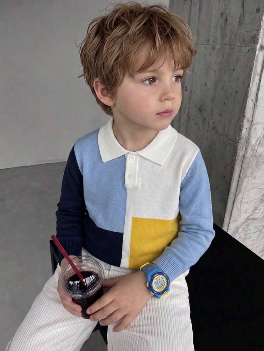 Boys' College Style Colorblock Plaid Collar Thin Knit Sweater, Suitable For School Daily Casual Wear In Autumn - Blue - View 1