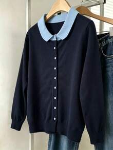 French Style Colorblock Lapel Knit Cardigan, Minimalist Single-Breasted Loose Fit Versatile Sweater Jacket - Navy Blue - View 1