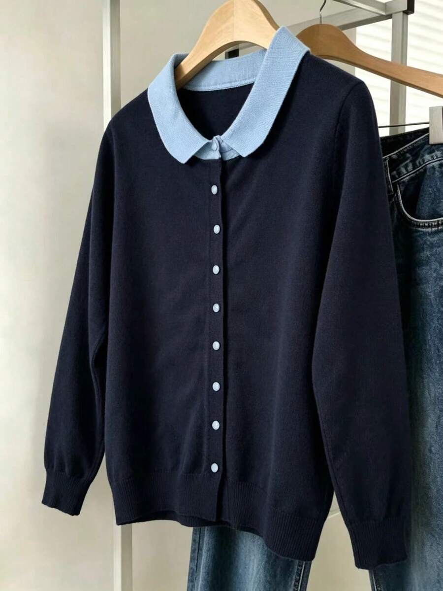 French Style Colorblock Lapel Knit Cardigan, Minimalist Single-Breasted Loose Fit Versatile Sweater Jacket - Navy Blue - View 1