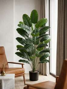 1pc Large Artificial Banana Tree, Faux Tropical Plant With Plastic Leaves, Tropical Begonia Leaves, Realistic Touch Palm Branch, Artificial Greenery For Home, Office, Garden Decoration, Pot Not Included - Green - View 4