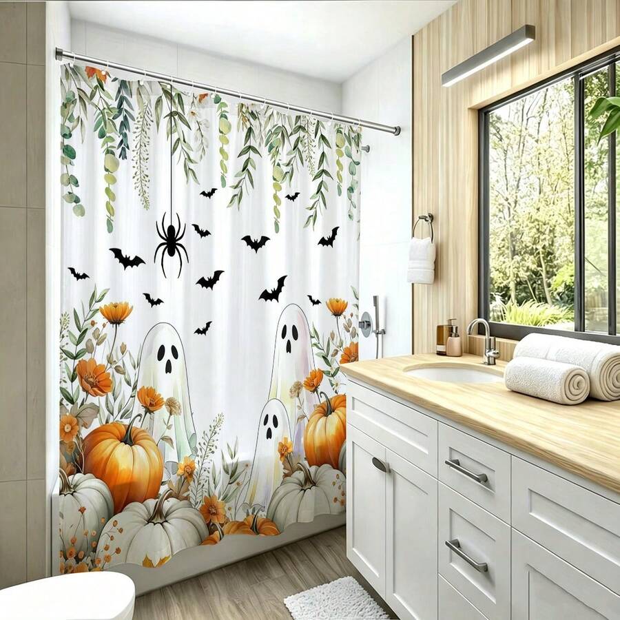 1pc Autumn Pumpkin Harvest Thanksgiving Print Shower Curtain, Abstract Vintage Polyester Fabric Shower Curtain With 12 Hooks, Suitable For Bathroom Or Bathtub Decor - Multicolor - View 1