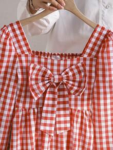 Left Mama Girls Sweet Elegant Square Neck Big Bow Plaid Long Sleeve Top & Straight Leg Pants Set, Spring/Autumn - Red - View 3
