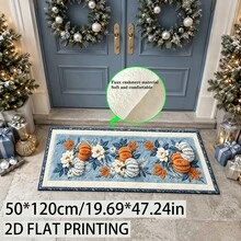 1pc Vintage Autumn Long Hallway Runner Rug, Harvest Orange And Blue-White Pumpkin Maple Leaf Floral Print Plush Carpet, Faux Cashmere Material, Suitable For Bathroom, Kitchen, Entryway, Hallway, Bedside, Living Room, Bedroom, Machine Washable, Non-Slip Backing, Halloween Decor, Bathroom Accessories, Room Decoration, Autumn Decor - Multicolor - View 12