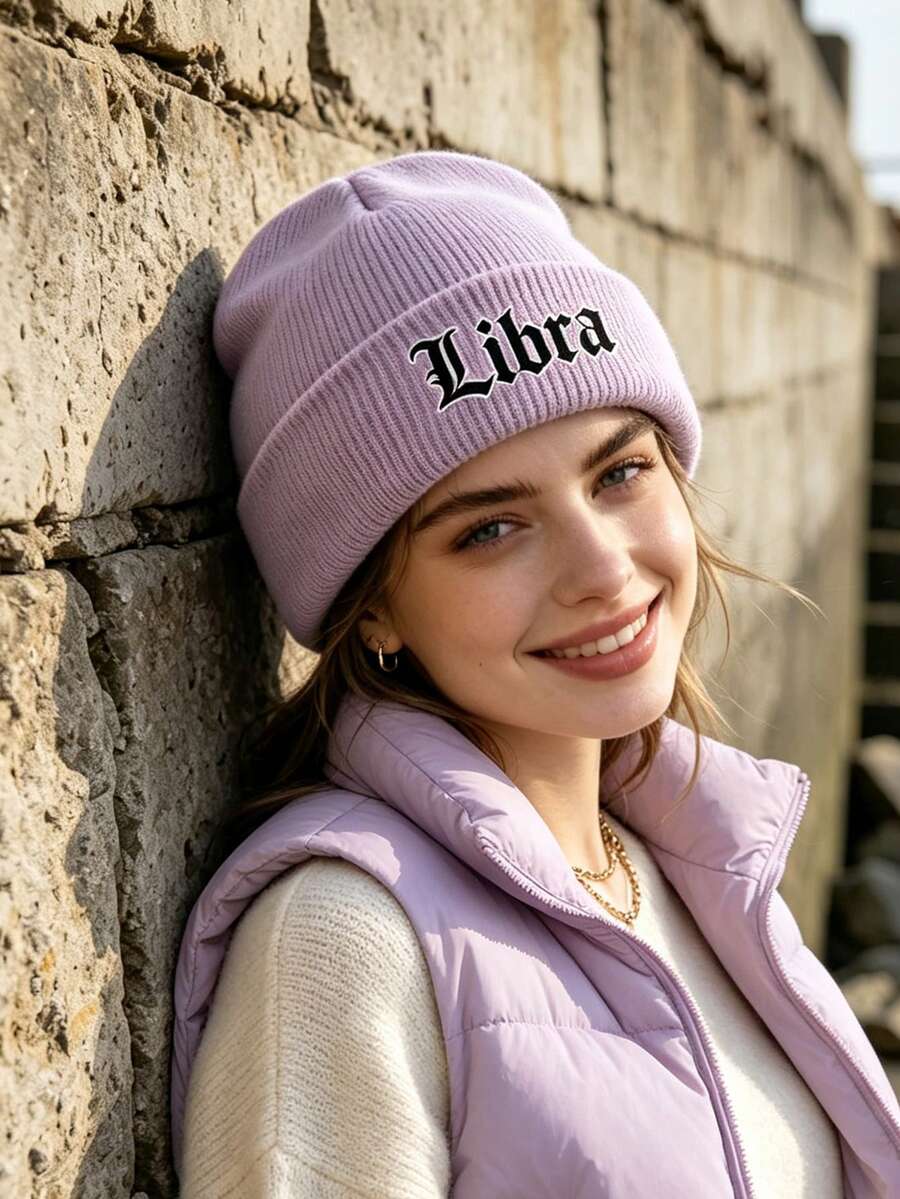 1pc Women's Cuffed Knitted Beanie Hat With 12 Zodiac Sign Print, Soft Stretchy Warm Fall Winter Ladies Headwear, Versatile Cap For Urban Walks - Purple - View 1