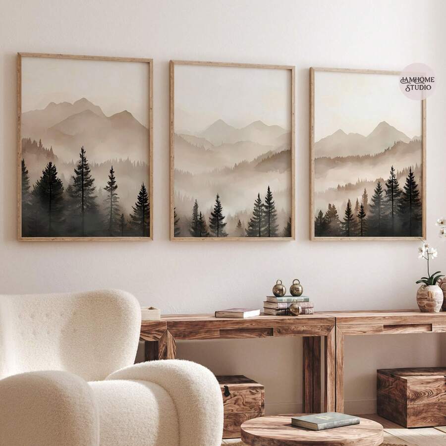 3pcs/Set Abstract Forest Mountains Triptych Art, Minimalist Modern Foggy Landscape Prints Set Of 3, Printable Neutral Nature 3 Pieces Wall Art - A - View 1