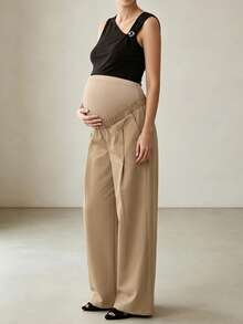 Bump Style Damen Umstands-Hose in Khaki mit weitem Bein - elastisches Bauchpanel, nicht dehnbarer Körper, geeignet für Arbeit, Lässig, tägliches Tragen | Umstands-Hose - Khaki - Übersicht 1