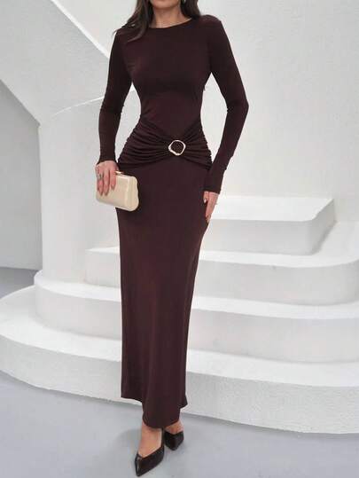PoPoHouse Fall Winte Women's Sexy Round Neck Long Sleeve Maxi Dress, Metal Buckle Waist Design Slim‑Fit Bodycon Long Dress