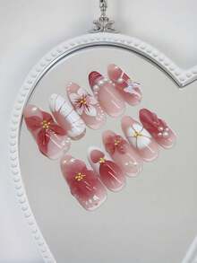 24 Pieces Of Medium-Sized Almond-Shaped Protective Armor, With A 3d Three-Dimensional Flower Pink Gradient Design, Featuring Water Droplet Details, An Elegant Shiny All-Over Style, Suitable For Women's Daily Wear. - Multicolor - View 5