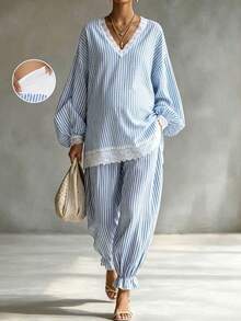 Bump Style Maternity 2 Pieces Blue Striped Pajama Set: Lace Trim Elastic Belly Area Long Sleeve, Suitable For Sleep And Home Leisure - Blue - View 8