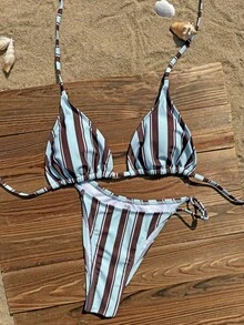 Women's Light Blue & Burgundy Vertical Striped Bikini 2-Piece Set, Fashionable Elegant Casual Swimsuit For Beach Vacation Party - Multicolor - View 3