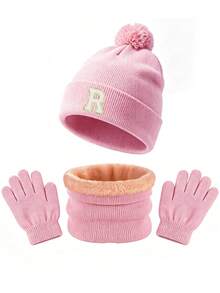 3pcs Kids Gift Set 26 Letters Knitted Beanie + Fleece Neck Warmer + Knitted Fingerless Gloves, Soft Winter Warm Set, Suitable For Boys And Girls, Applicable For Holidays, Birthdays, Daily Wear - Pink - View 8