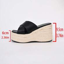 Sandal Selop Wanita Bertumit Wedges Platform Modis Serbaguna, Sandal Anyaman Jerami Elegan - Hitam - View 6