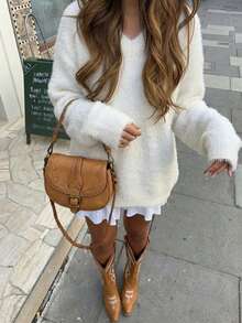 Women's Autumn/Winter Plush V-Neck Long Sleeve Pullover Sweater - White - View 4