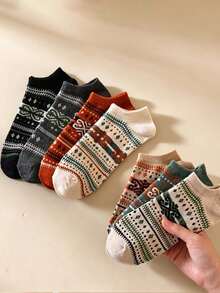 1/5 Pairs Men's Vintage Short Socks, Casual Breathable Sweat-Absorbing Invisible Socks, Couple Socks, Unisex, Suitable For Daily Wear, Sports, Back To School Season - Multicolor - View 6
