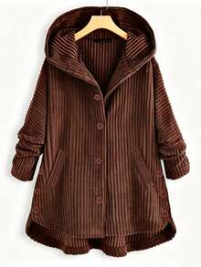Women's Corduroy Long Sleeve Button-Up Hooded Shirt, Perfect For Autumn And Winter Wear. - Coffee Brown - View 10