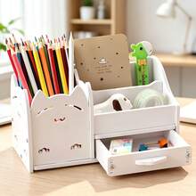 1pc Desktop DIY Pen Holder Storage Box, Multi-Functional Office Supplies Stationery Box, Large Capacity Student Wood-Plastic Pen Rack Organizer - White - View 15
