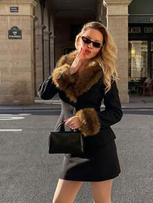 Faux Fur Collar & Cuff Trim Wool Blend Jacket, Single-Breasted Slim Fit Cropped Women's Coat - Black - View 4