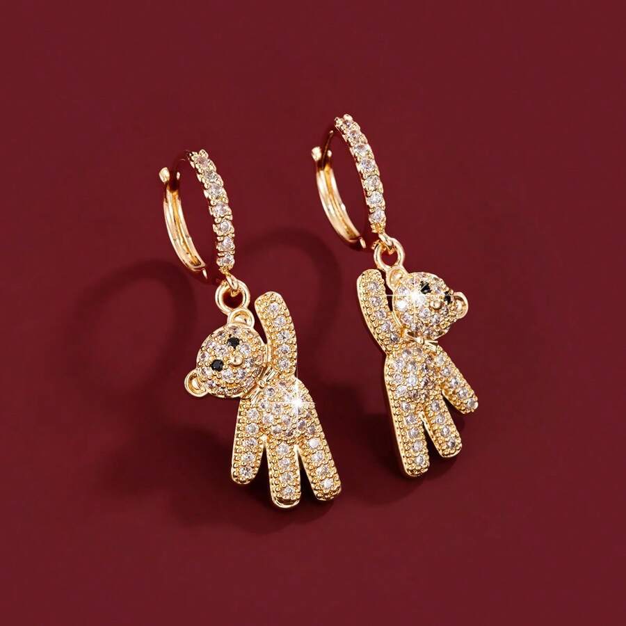 1 Pair Cute Bear Design Cubic Zirconia Stud Earrings For Women - Multicolor - View 1