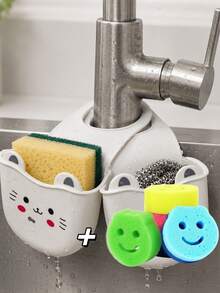 4pcs Set, 3 Random Color Cleaning Brushes + 1 Storage Rack, Suitable For Bathroom, Kitchen, Sink Organization, Durable Sponge Storage Rack, Bathtub And Shower Drain Rack, Decorative Sink Storage Rack, Halloween Gift, Christmas Gift, Birthday Gift, Party Favor - Multicolor - View 1