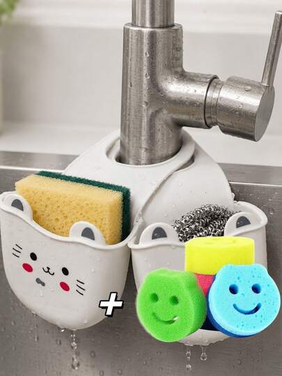 4pcs Set, 3 Random Color Cleaning Brushes + 1 Storage Rack, Suitable For Bathroom, Kitchen, Sink Organization, Durable Sponge Storage Rack, Bathtub And Shower Drain Rack, Decorative Sink Storage Rack, Halloween Gift, Christmas Gift, Birthday Gift, Party Favor