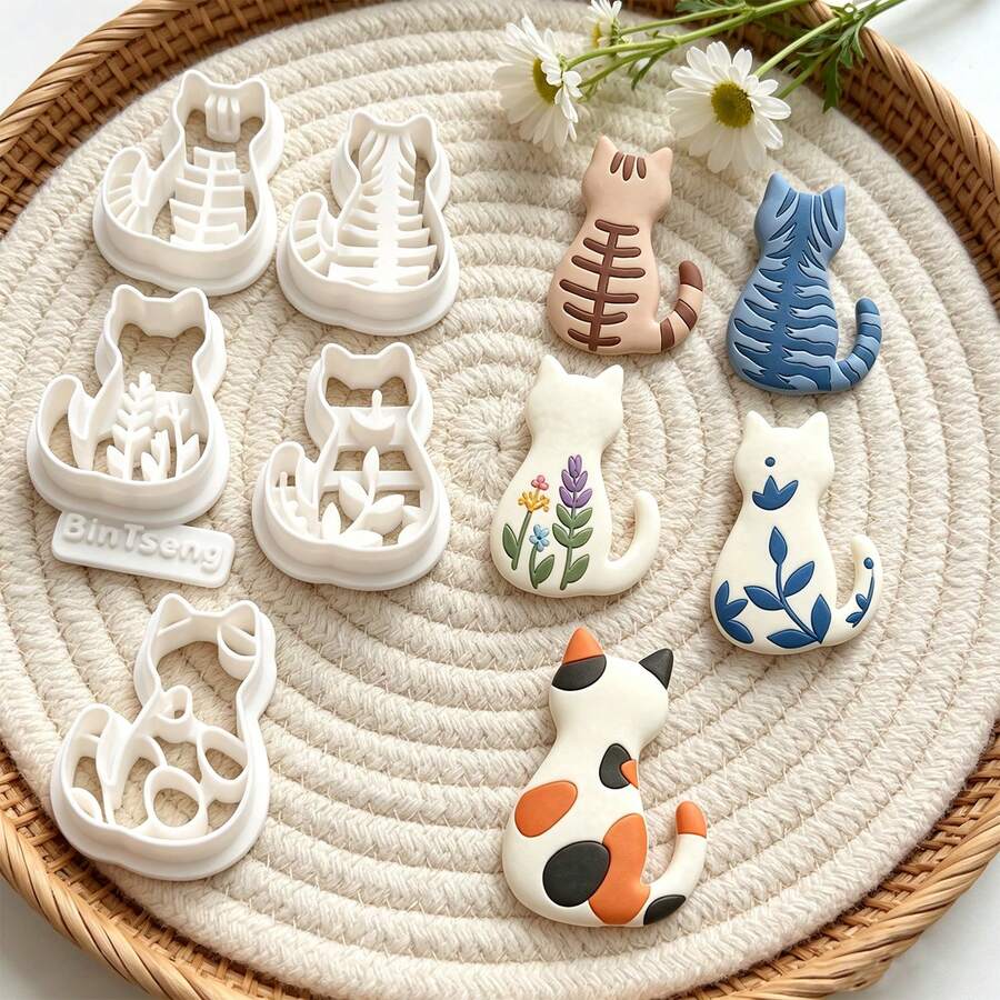 6Pcs Cat Shape Texture Clay Cutters, Kitten Back Pattern Clay Cutting Molds, DIY Handmade Earring Pendant Jewelry Craft Supplies