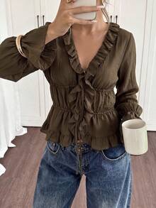 2026 New Autumn Elegant Women's Solid Color Ruffle V-Neck Tie Design Ruched Waist Flare Sleeve Lightweight Casual Blouse For Daily Wear, Outings, Parties And Vacation - Olive Green - View 8