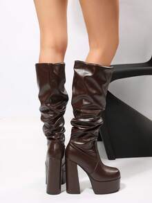 FVPFVP Women's Tall Black High Heel Boots, European & American Style, Square Toe, Chunky Heel, Riding Slouch Boots, Winter 2025 - Coffee Brown - View 8