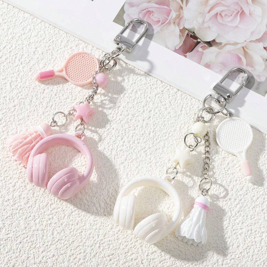2pcs Aesthetic Sports Style Resin Keychains, Earphone & Badminton Racket Pendant Charms With Star Decoration, Cute Door Ring Clasp, Suitable For Daily Bags And Keys - Multicolor - View 1