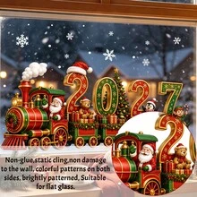 1/2pcs Christmas Train Window Decal, Retro Christmas Train Scene, 2027 Balloon Snowflake Design, Vinyl Reusable, Suitable For Home Store Window Glass Doors, Winter Festival Decoration - Multicolor - View 12