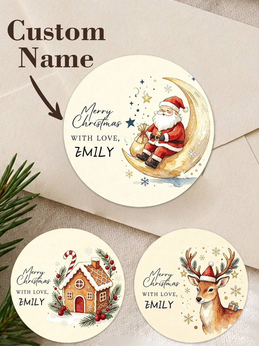 35-350pcs Custom Christmas Moon Name Stickers, Personalized Round Holiday Gift Labels, Whimsical Santa Reindeer Style, Customized Christmas Gift Stickers, Customizable Name Seals, Gift Wrapping Decor, Holiday Party Favors, Round Stickers, Family - Multicolor - View 1