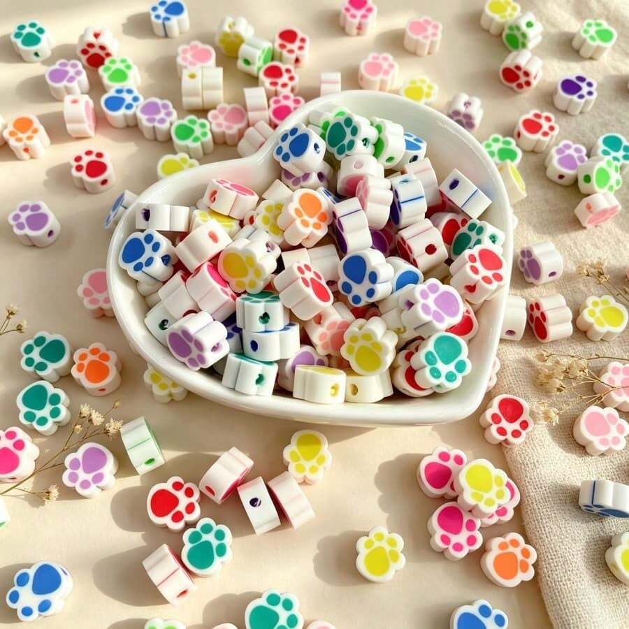 50pcs Random Mixed Cat Paw Print Soft Clay Sliced Beads, Cute Animal Paw Print Perforated Loose Beads, DIY Bracelet Keychain Handmade Beaded Jewelry Accessories - Multicolor - View 1