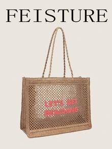 Summer Straw Tote Bag, Embroidered Mesh Beach Bag, Large Woven Shoulder Bag Suitable For Vacation And Daily Use - Khaki - View 6